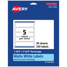 Avery Matte White Rectangle Labels with Sure Feed 1.75"""" x 7.75"""" 250 Matte White Printable Labels