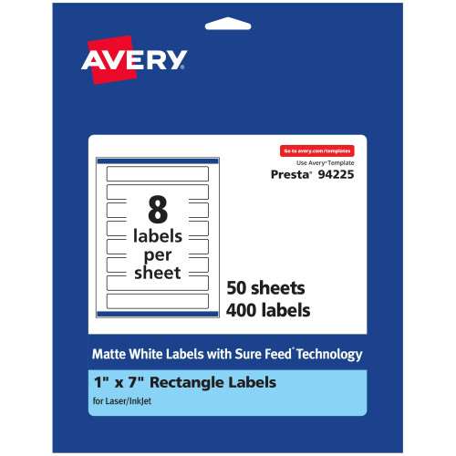 Avery Matte White Rectangle Labels with Sure Feed  1"""" x 7""""  400 Matte White Printable Labels