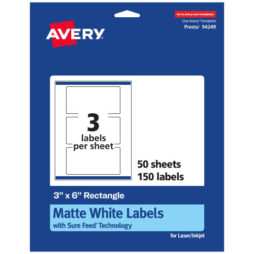 Avery Matte White Rectangle Labels with Sure Feed  3"""" x 6""""  150 Matte White Printable Labels