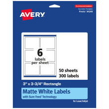 Avery matwitte rechthoekige etiketten met Sure Feed 3"" x 3,75"""" 300 matwitte afdrukbare etiketten
