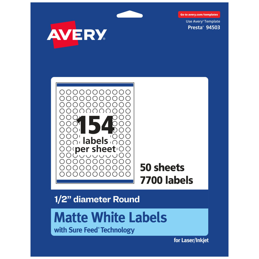 Tiquettes Rondes Blanches Mates Avery Avec Alimentation Sure Feed De 1/2"" De Diam Tre, 7 700 Tiquettes Imprimables Blanches Mates-image