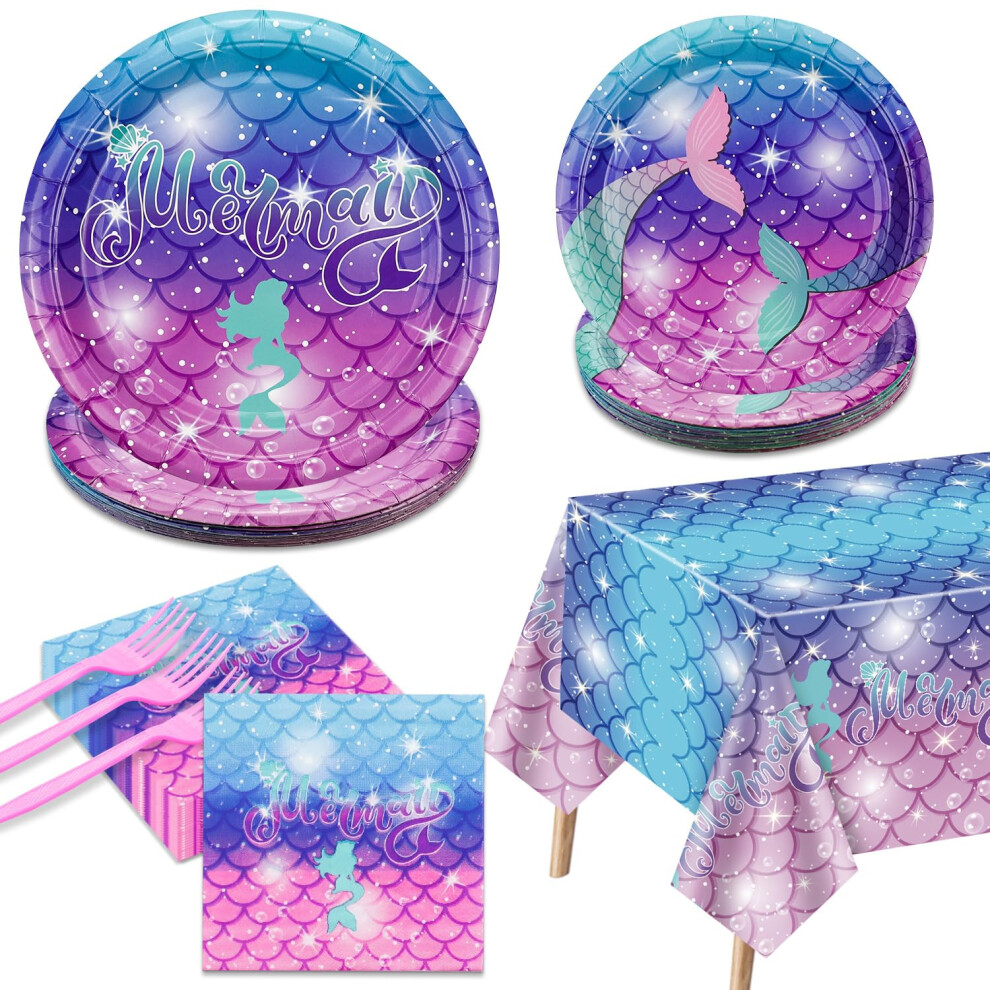 Dekoracje Urodzinowe Syreny - 81PCS Przyjete Materialy Imprezowe, W Tym Talerze Syreny I Serwetki Obrusowe Rzowe Widelce Dla Dzieci Pod Morzem M-image