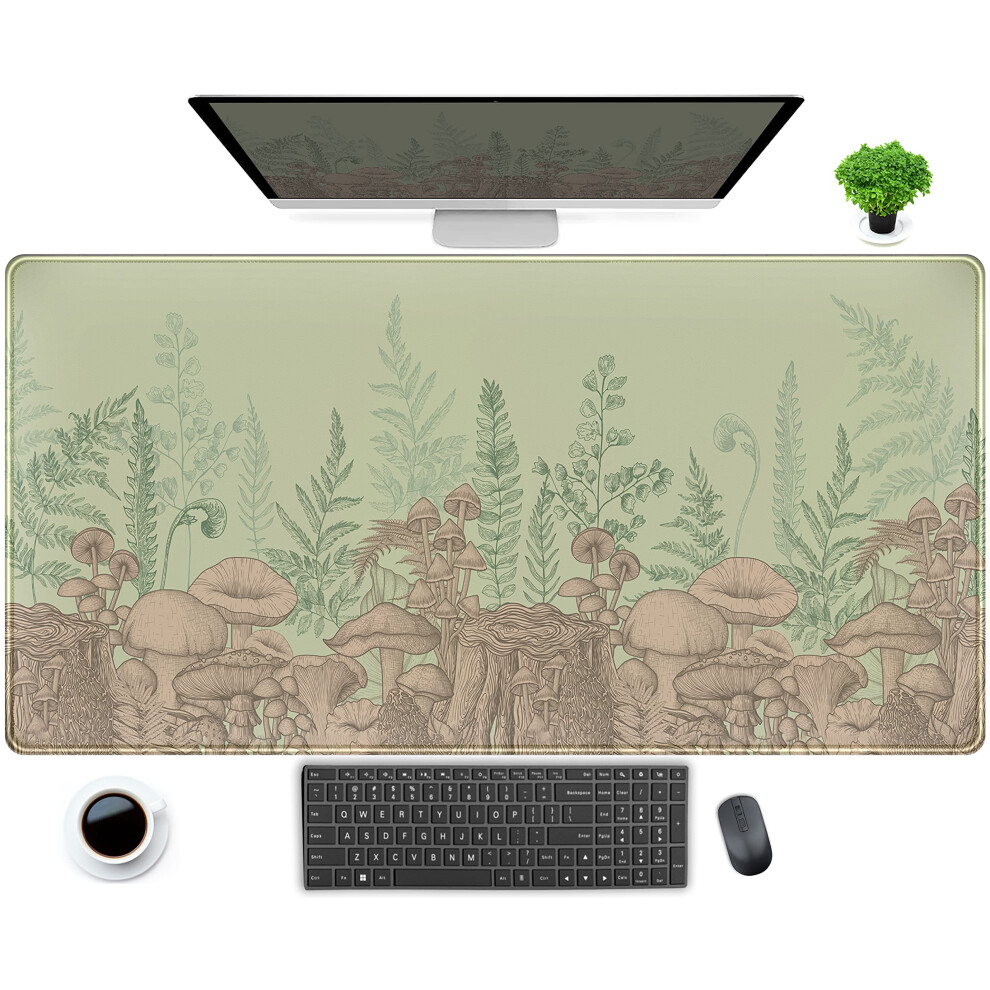 Cute Leaves Mouse Pad Desk Mat Forest Mushroom Xxl Large Extended Gaming Mousepad Desk Pad 31.5X15.75 In Cool Keyboard Mouse Mat Desk Mat Green/Beige 709436221118