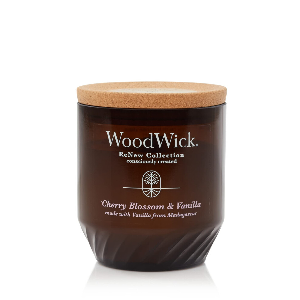 WoodWick Renew Medium Candle  Cherry Blossom & Vanilla Scented Candles  6oz  Plant Based Soy Wax Blend  Made with Upcycled Materials and Essential Oil