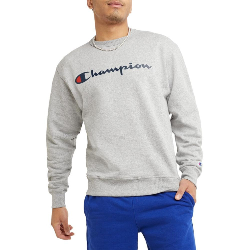 Champion Crewneck  Powerblend Fleece  Hoodie Sweatshirt for Men  Logo (Reg. or Big  Oxford Gray Script  3X-Large Tall