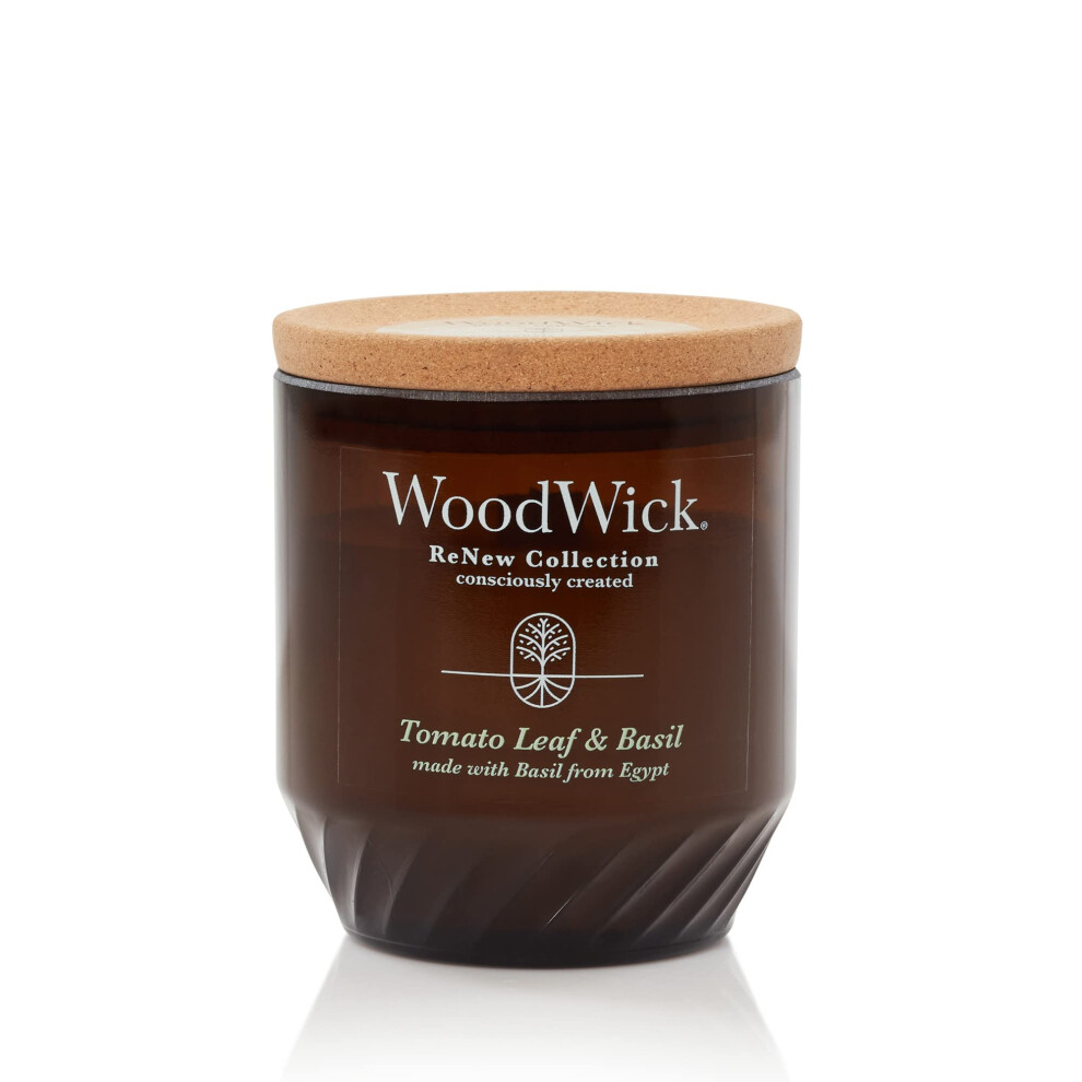 WoodWick Renew Medium Candle  Tomato Leaf & Basil Scented Candles  6oz  Plant Based Soy Wax Blend  Made with Upcycled Materials and Essential Oils  Up