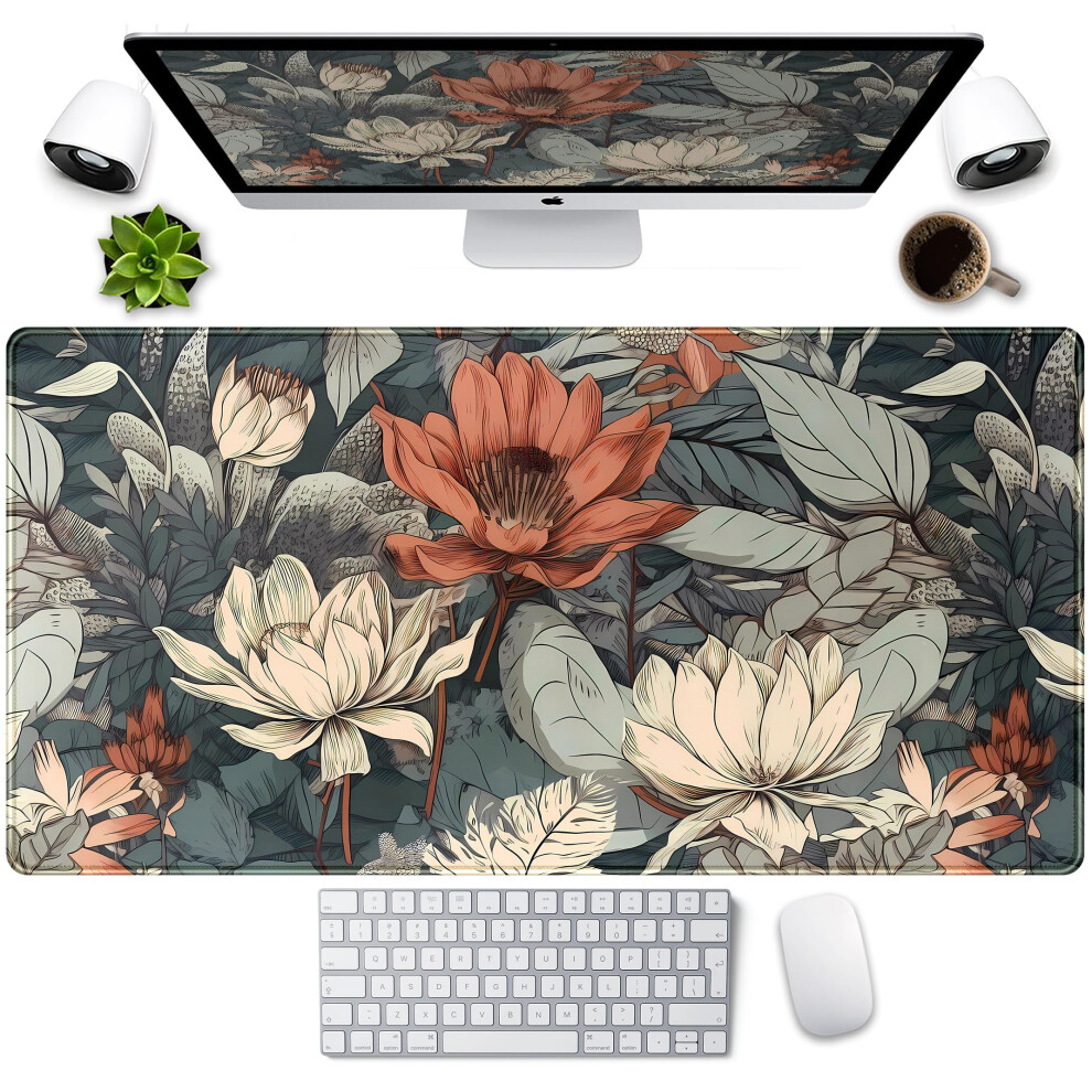 Vintage Floral Desk Mat Xxl Large Gaming Mouse Pad Extended Desk Pad Tropical Plants Laptop Keyboard Mouse Mat With Stitched Edges 31.5X15.75 In Com 728514267527