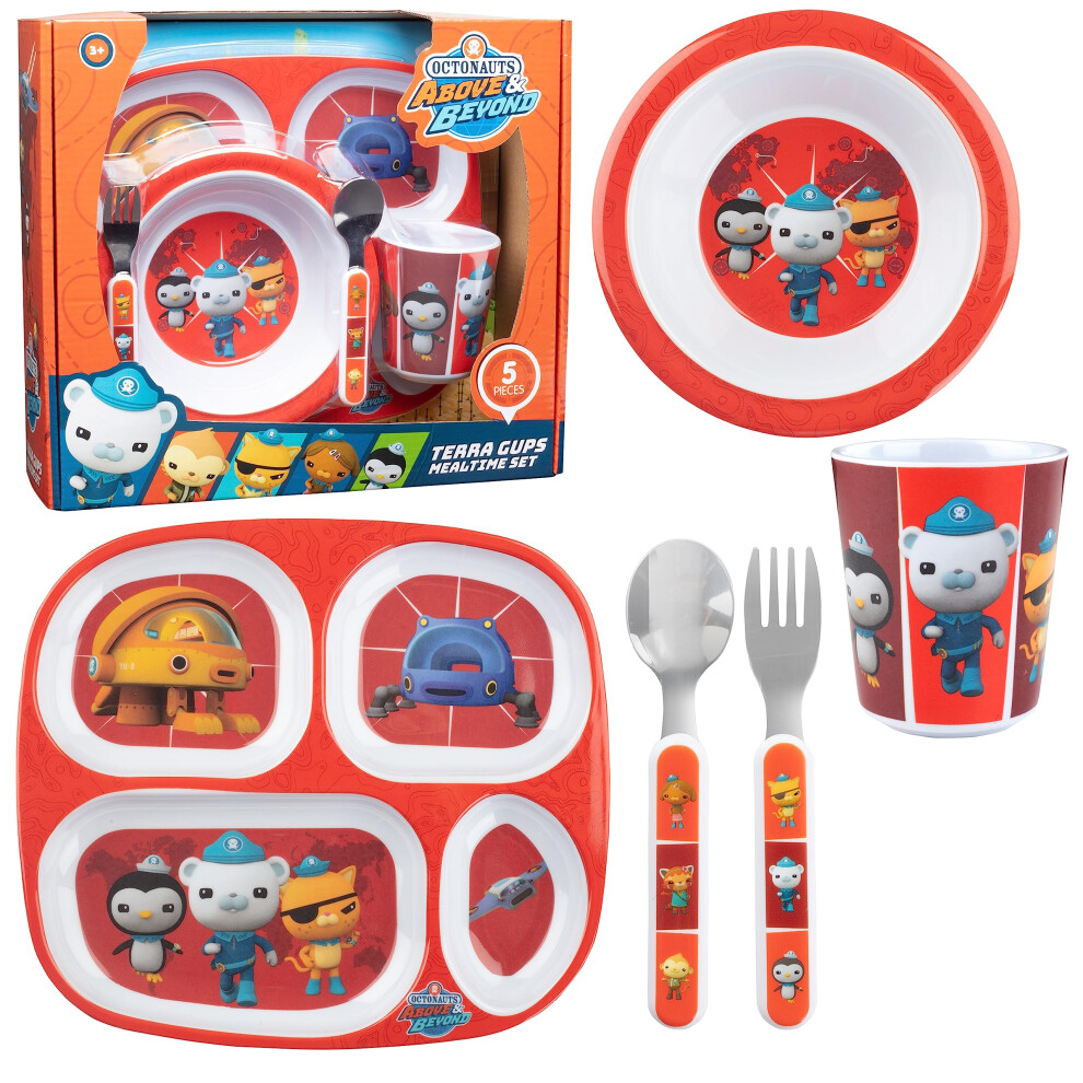Octonauts 5 Pcs Mealtime Divided Plate Feeding Set for Kids & Toddlers-Terra Gups- Includes Multi-Compartment Plate  Bowl  Cup  Fork & Spoon Utensils-