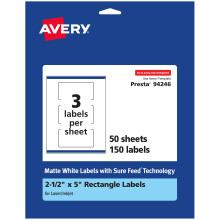 Avery Matte White Rectangle Labels with Sure Feed 2.5"""" x 5"""" 150 Matte White Printable Labels