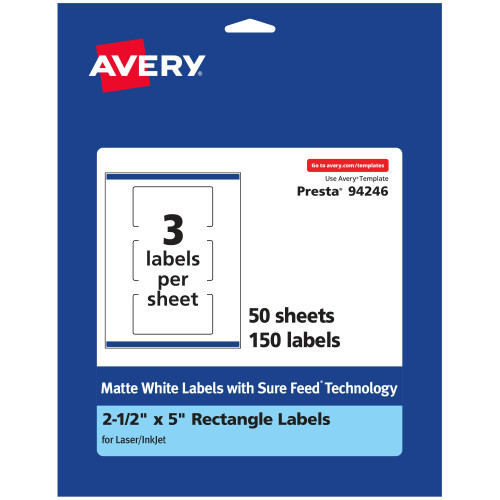 Avery Matte White Rectangle Labels with Sure Feed  2.5"""" x 5""""  150 Matte White Printable Labels