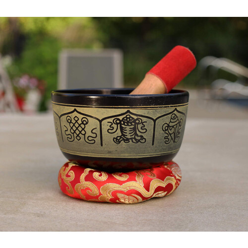 DharmaObjects Meditao Tibetana 8 Smbolos da Sorte Tigela Cantante Mallet Conjunto de Almofada (5 Polegadas 8 Smbolos da Sorte)