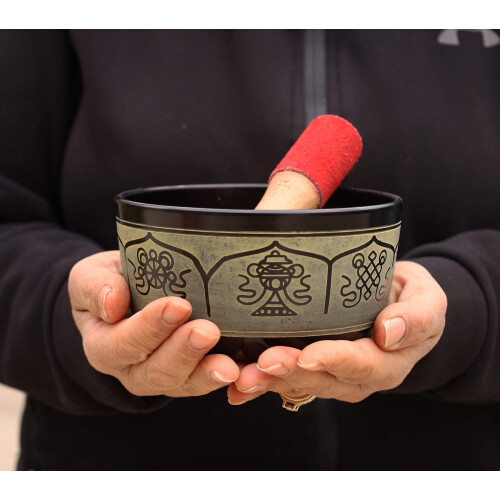 DharmaObjects Meditao Tibetana 8 Smbolos da Sorte Tigela Cantante Mallet Conjunto de Almofada (5 Polegadas 8 Smbolos da Sorte) 2