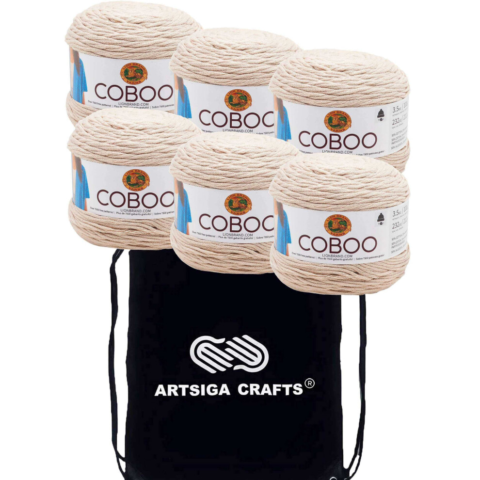 Lion Brand Coboo Tan 835-123 (6-Skeins - Same Dye Lot) DK Light Worsted #3 Cotton  Bamboo Yarn for Crocheting and Knitting with Project Bag