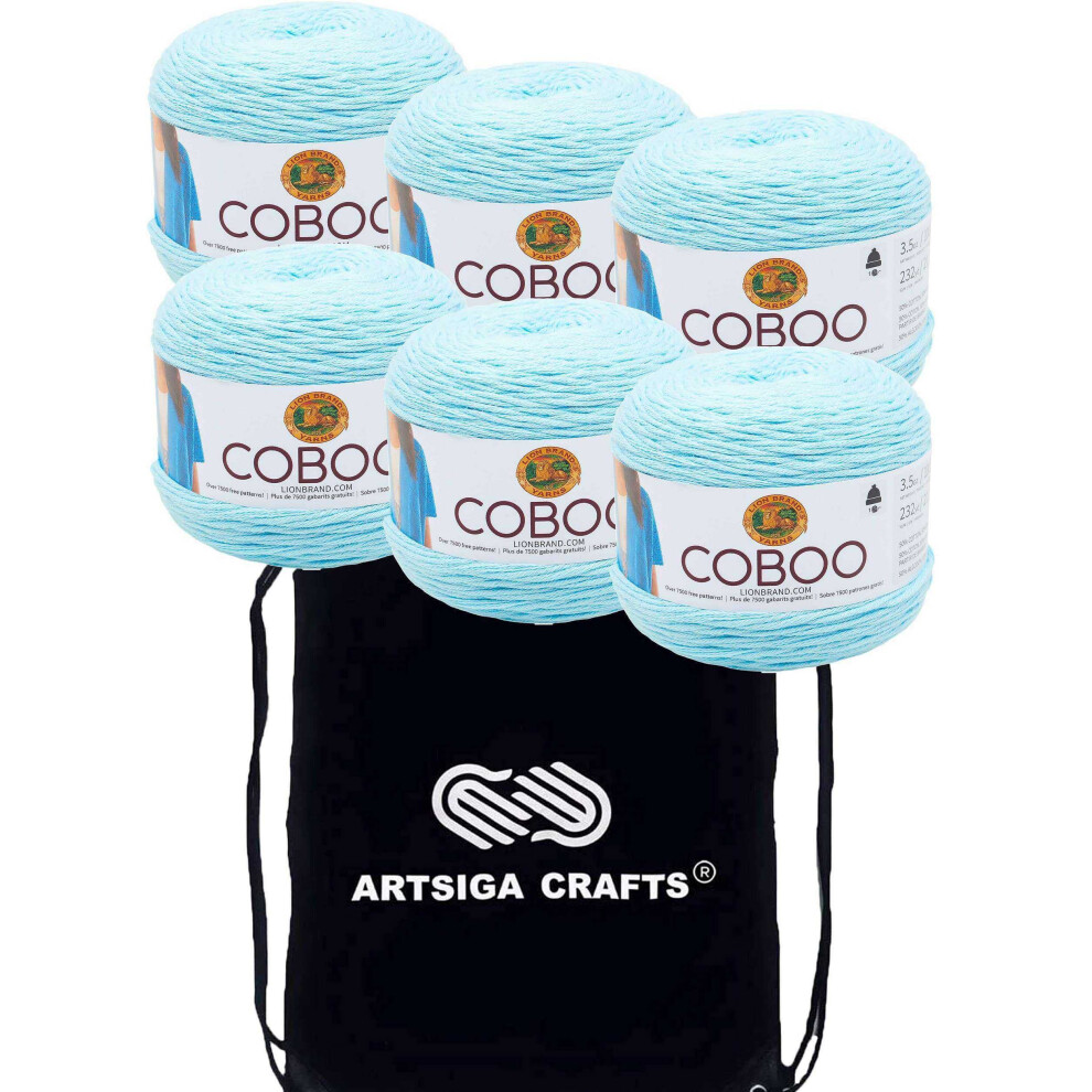 Lion Brand Coboo Ice Blue 835-106 (6-Skeins - Same Dye Lot) DK Light Worsted #3 Cotton  Bamboo Yarn for Crocheting and Knitting with Project Bag