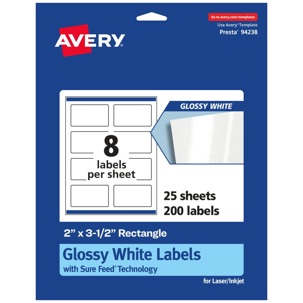 Étiquettes rectangulaires blanches brillantes Avery avec alimentation Sure Feed 2"" x 3,5"" 200 unités, adhésives permanentes, imprimables jusqu'