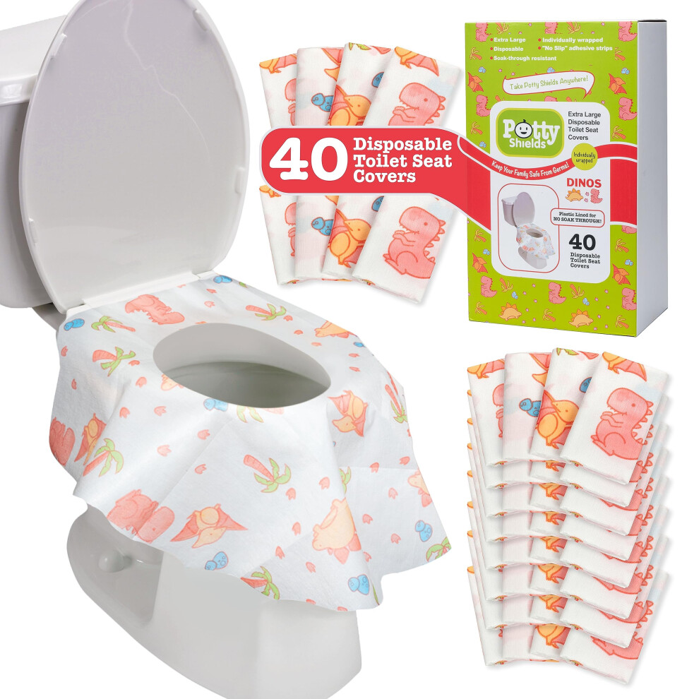 Toilet Seat Covers Disposable (40 Pk Dinosaurs) - Xl Waterproof Toilet Cover For Toddlers Kids & Adults - Portable & Individually Wrap Potty Shields