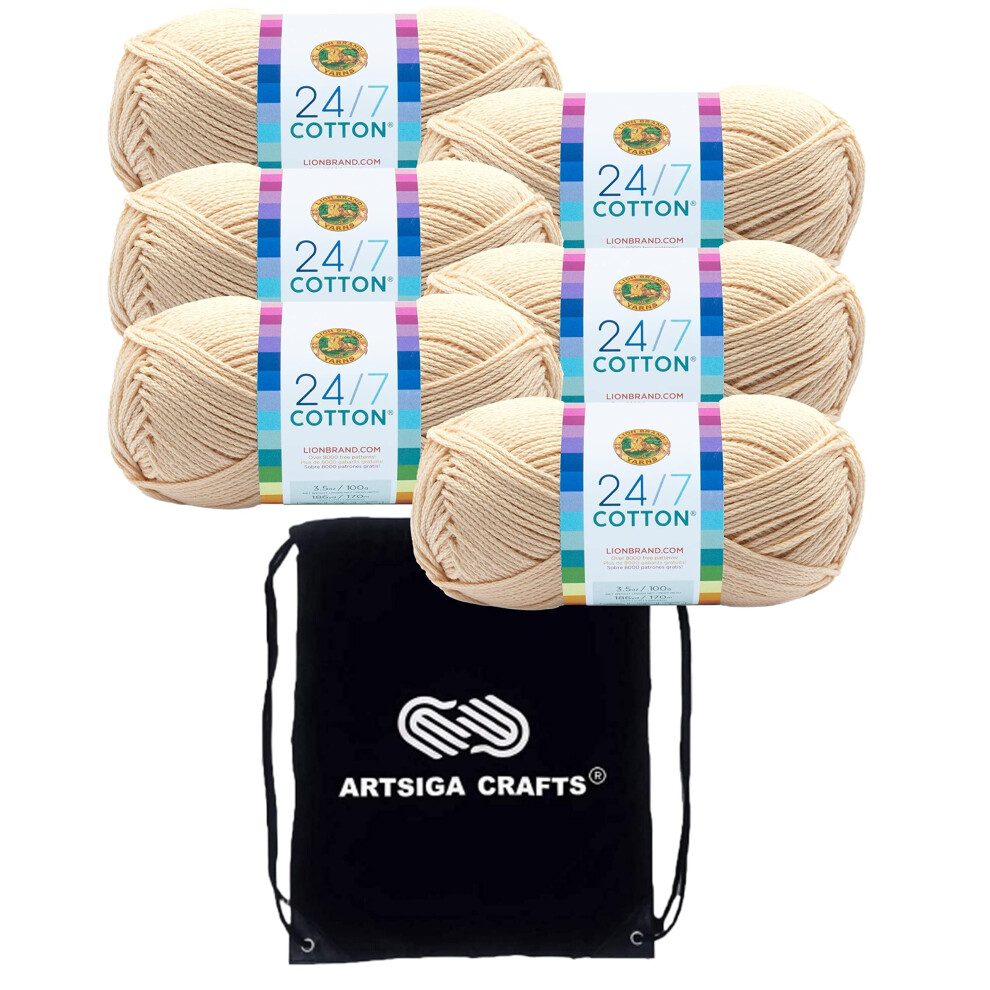 Lion Brand 24/7 Cotton Ecru 761-98 (6-Skeins - Same Dye Lot) Worsted Medium #4 Cotton Yarn for Crocheting and Knitting with Project Bag