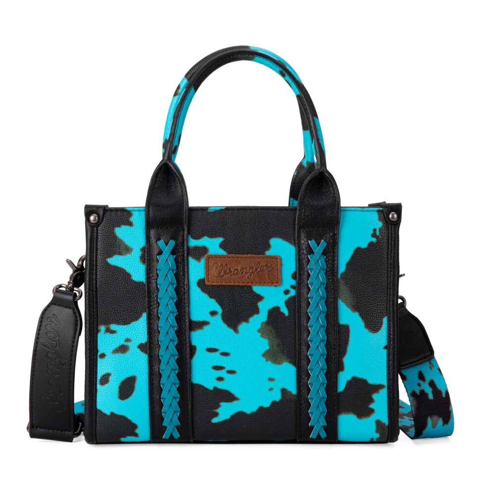 Wrangler Cow Print Tote Bag for Women Western Purse Boho Top Handle Satchel Handbag with Guitar Strap Gift Turquoise  XY WG133-8120STQ