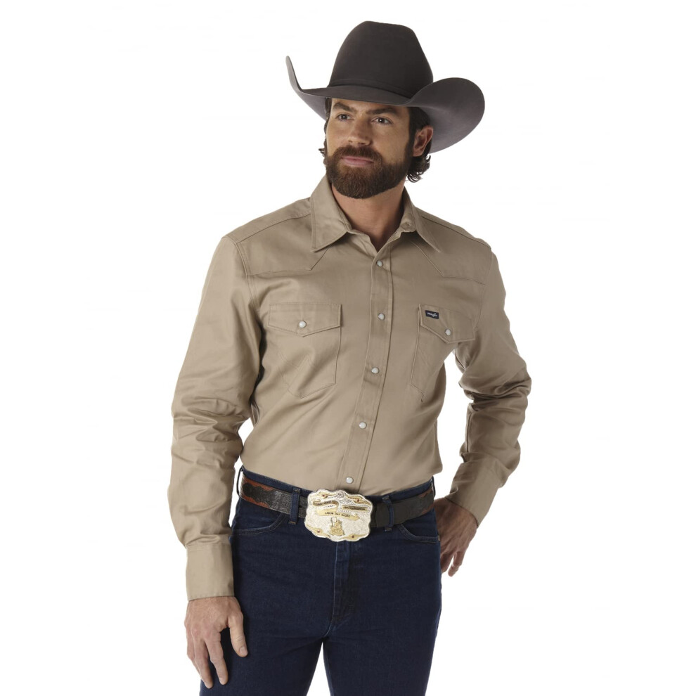 Wrangler mens Cowboy Cut Western Two Pocket Long Sleeve Snap - Firm Finish work utility button down shirts  Khaki  4X US