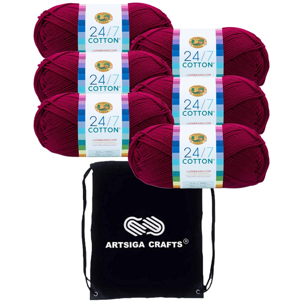 Lion Brand 24/7 Cotton Magenta 761-144 (6-Skeins - Same Dye Lot) Worsted Medium #4 Cotton Yarn for Crocheting and Knitting with Project Bag