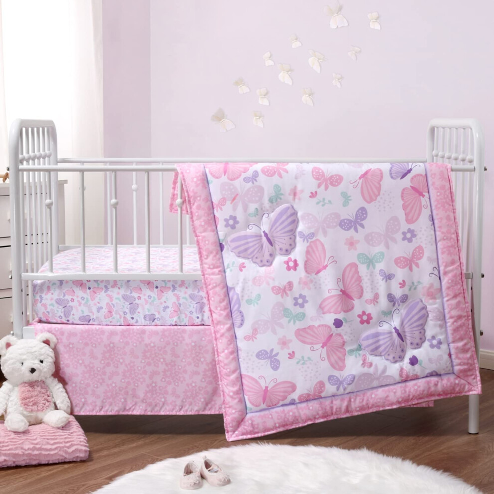 Parure de lit bébé 3 pièces The Peanutshell pour fille - Parure de lit pour nouveau-né et tout-petit avec drap-housse et couette à volants - Butt