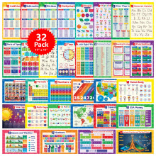 32 Set of 59 Educational Posters for Kids - 17x11 Multiplication Chart ABC World USA Map Periodic Table Division Homeschool Supplies - 17x11