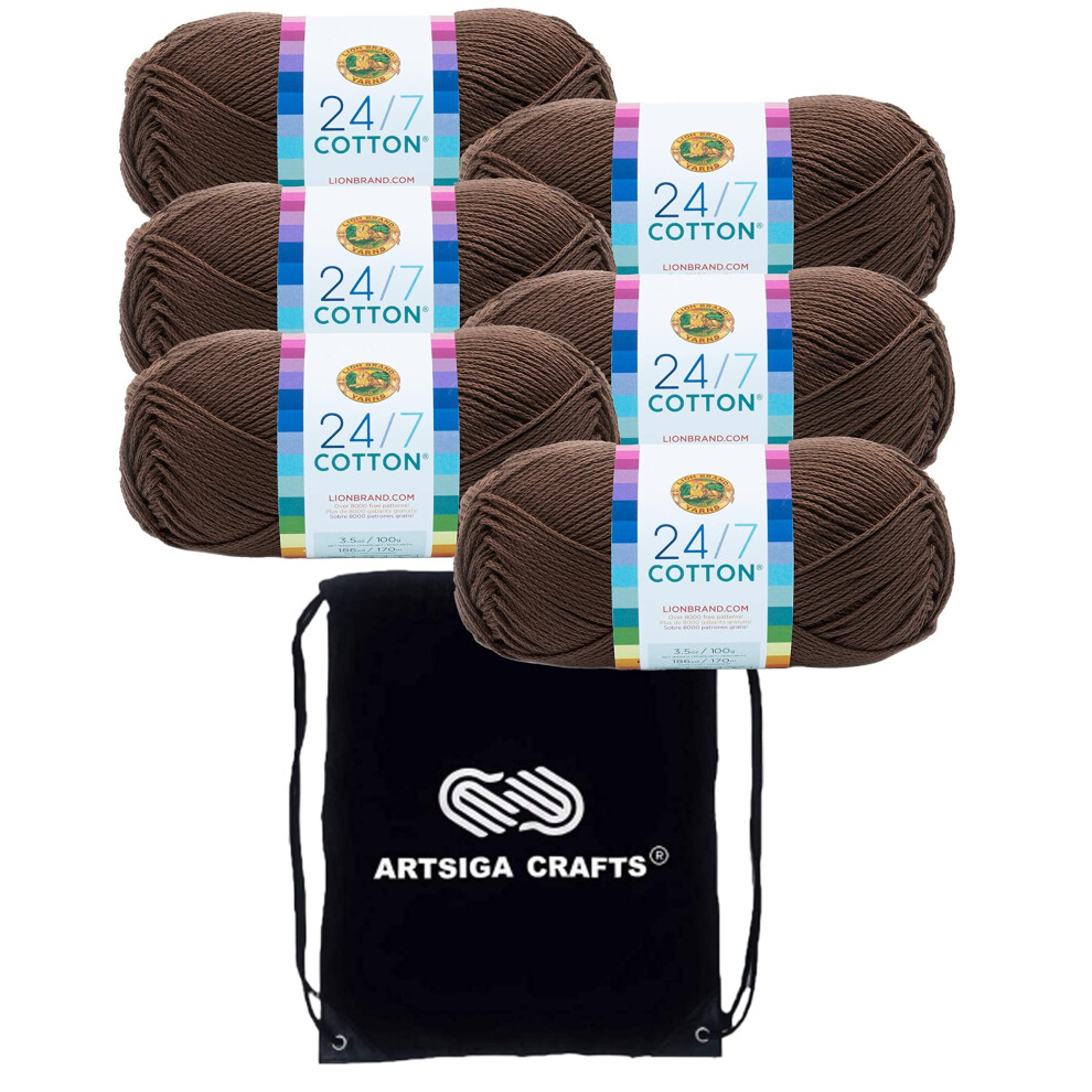 Lion Brand 24/7 Cotton Cafe Au Lait 761-126 (6-Skeins - Same Dye Lot) Worsted Medium #4 Cotton Yarn for Crocheting and Knitting with Project Bag