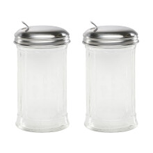 Great Credentials Retro Style Sugar Dispenser Pourer Shaker Glass Jar with Stainless Steel Pour-Flap Lid 12 oz Each Set of 2 - Ideal for Sugar Spi