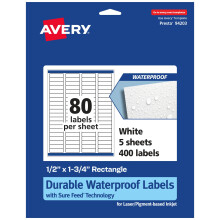 Avery Waterproof Rectangle Labels with Sure Feed  .5"""" x 1.75""""  400 White Labels (36544)
