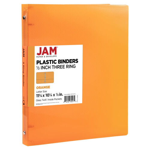 JAM PAPER Pasta de plstico de 0,5 polegadas - Pasta laranja com 3 argolas - Vendida individualmente