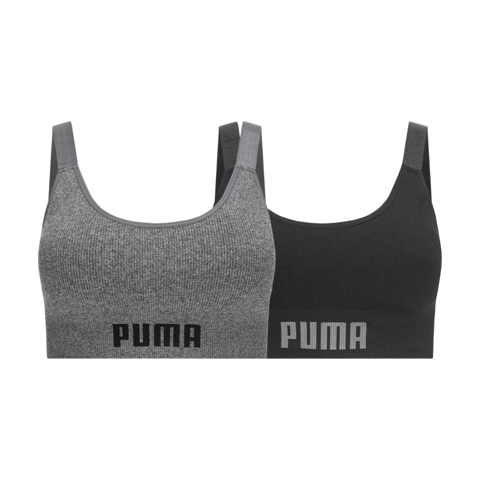 PUMA Women's 2 Pack Seamless Sports Bra  Black/Heather Grey Scoop  Large