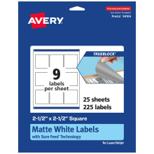 Etichette quadrate bianche opache Avery TrueBlock con alimentazione sicura, 2,5"""" x 2,5"""", 225 pezzi, stampabili a laser/getto d'inchiostro, idea
