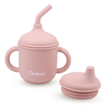 Ginbear 2-in-1 Sip-N-Straw Cup for Baby Proof Netoxick BPA Free Food Grade Silicone Training Transition Sippy Cup pro batole 6 mescu+ (Baby Pink)