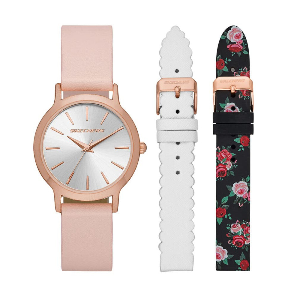 Skechers Women's Quartz Three-Hand Watch & Interchangeable Band Gift Set  Color: Blush Pink/White/Floral (Model: SR9027)