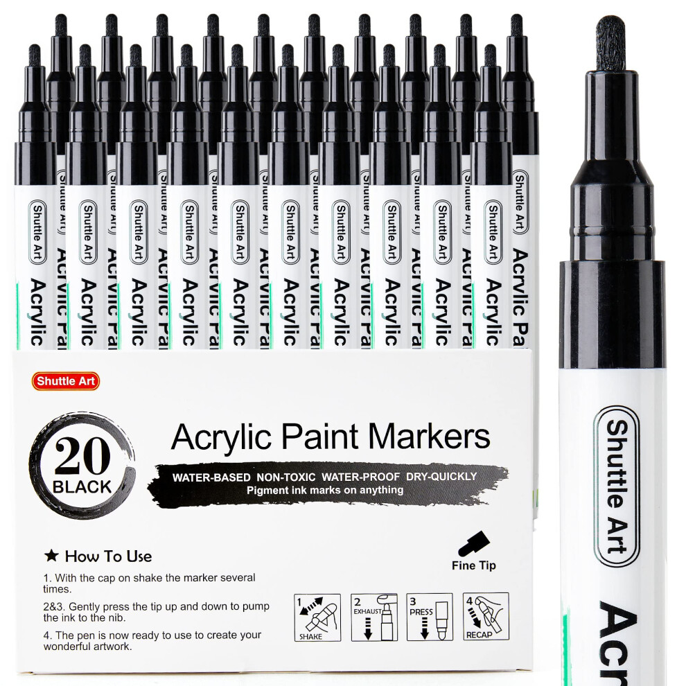 Shuttle Art 20 Stuks Zwarte Fijnschrijvers Acrylverf Markers, Sneldrogende Waterbasis voor Steen, Hout, Metaal, Plastic, Glas, Canvas, Keramiek