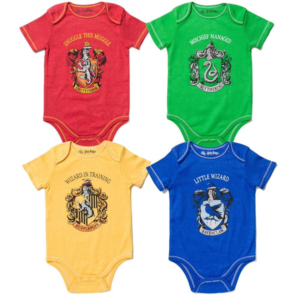 Harry Potter Gryffindor Hufflepuff Ravenclaw Slytherin Newborn Baby Boys 4 Pack Bodysuits 3-6 Months