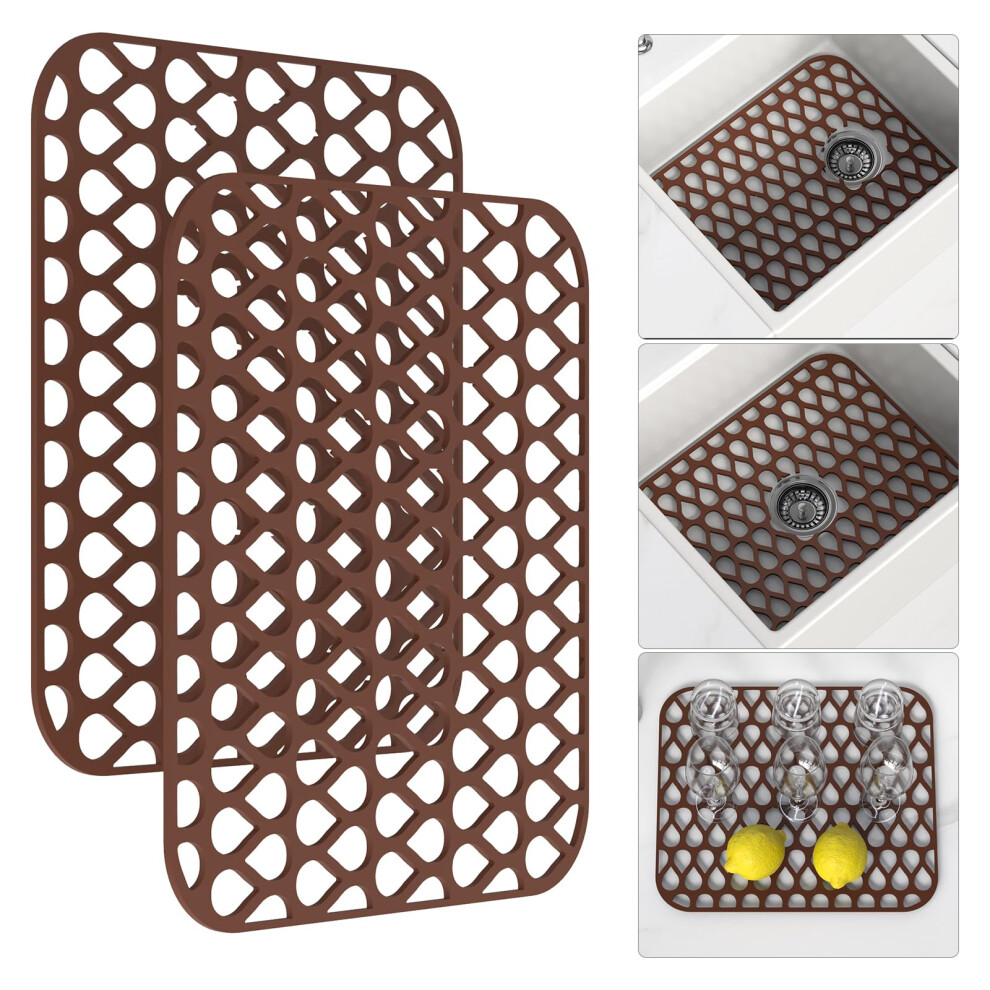 TOOVEM 13.6""""x11.6"""" Kitchen Sink Protector - Large Silicone Mat Grid for Bottom of Farmhouse Sink - Heat Resistant - Coffee - 1 Pack