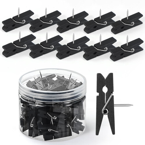 GOOLADA 110pcs Alfinetes com Clips, Alfinetes de Madeira Preta, Alfinetes Decorativos