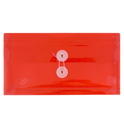JAM PAPER Plastic Envelopes with Button & String Tie Closure - #10 Business Booklet - 5 1/4 x 10 - Red - 12/Pack