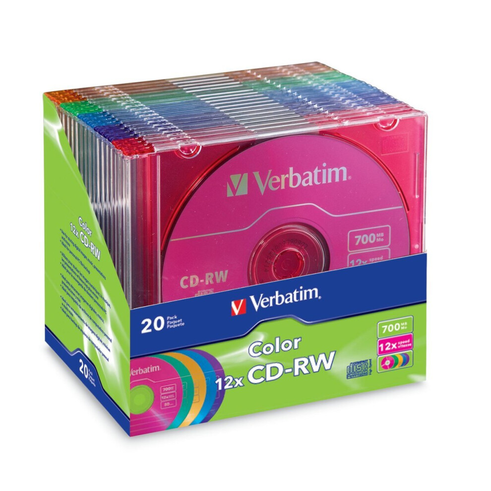 Disques r  inscriptibles couleur Verbatim CD-RW 700 Mo 2X-12X - Lot de 20 bo  tiers minces - 96685 assortis