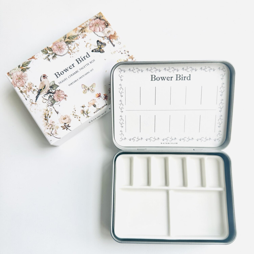 Bower Bird Travel Watercolor Palette Portable Ceramic Palette 6 Well Empty Paint Palette Small Travel Metal Paint Boxwith Porcelain Palette (6Well)