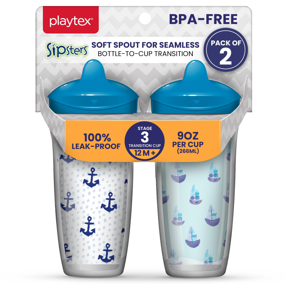 Playtex Baby Sipsters   tape 3 Gobelet anti-fuite et incassable avec bec verseur pour gar  ons - Bleu   dition limit  e 255 ml (2 unit  s)