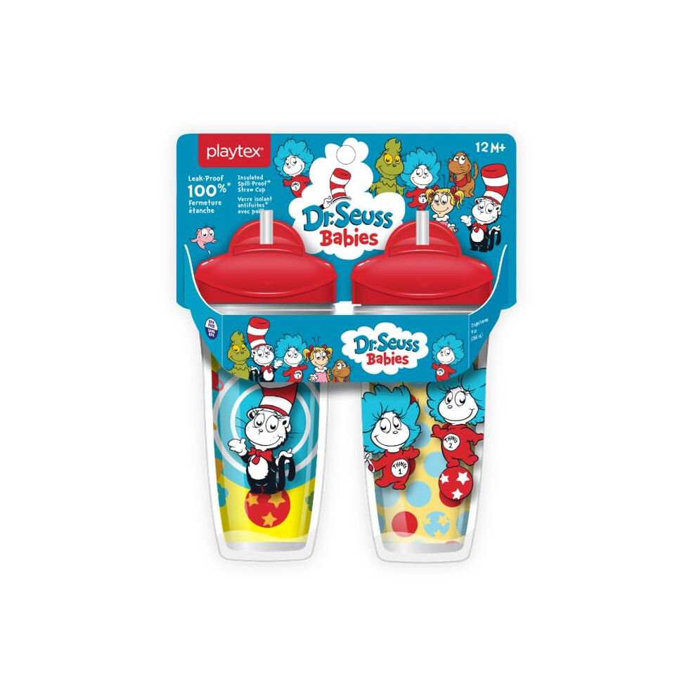 Playtex Baby Sipsters Gobelets    paille pour b  b  ,   tape 3, motif Dr. Seuss, motif chat chapeaut  , 255 ml, lot de 2, anti-fuites et isol  s