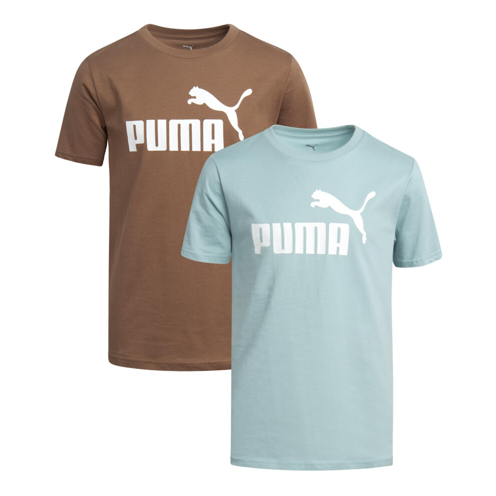 PUMA Boys' T-Shirt - 2 Pack Core Logo T-Shirt for Boys - Basic Athletic Crewneck Short Sleeve Tee (S-XL)  Size Large  Brown/Mint