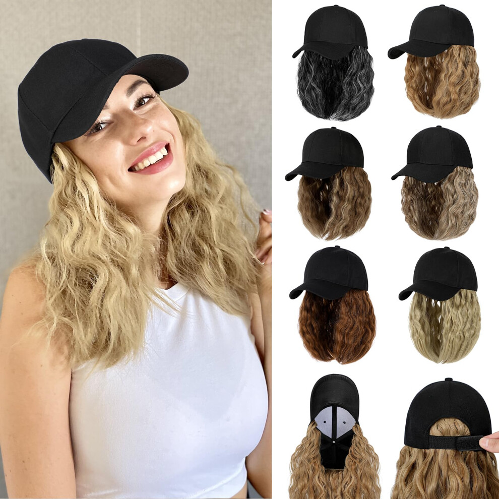 Cephermer Baseball Hat Wig Hat With Hair Attached 16'' Adjustable Black Cap With Wavy Curly Synthetic Bob Hair Extensions For Women Girls(White And Bl