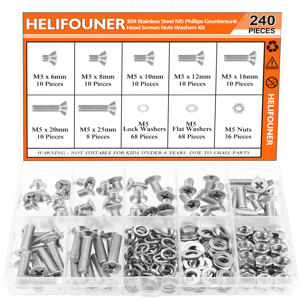 HELIFOUNER 240 Pieces M5 x 6mm /8mm /10mm /12mm /16mm /20mm /25mm  Phillips Countersunk Head Machine Screws  Metric Screws Bolts Washers Nuts Kit  304-image-OPC-PGSGXHF-NEW
