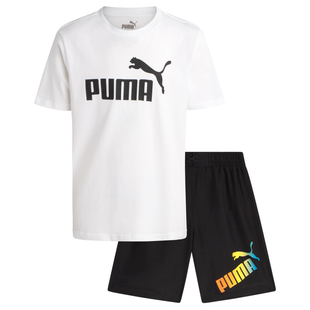 PUMA Boys' Swim Set - Bathing Suit Swim Trunks with Matching Basic Short Sleeve T-Shirt - Swimwear Set for Big Boys (8-20)  Size 10-12  Black/White Bl