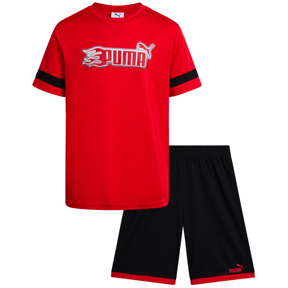 PUMA Boys' Active Shorts Set - 2 Piece Dry Fit T-Shirt and Performance Gym Shorts - Activewear Clothing Set for Boys (8-16)  Size 14/16  Red/Black
