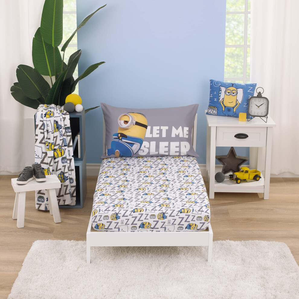 Ensemble de draps 2 pi   ces pour tout-petits Illumination Lazy Minions Club Gris Bleu Jaune et Blanc Let Me Sleep - Drap-housse et taie d'oreiller