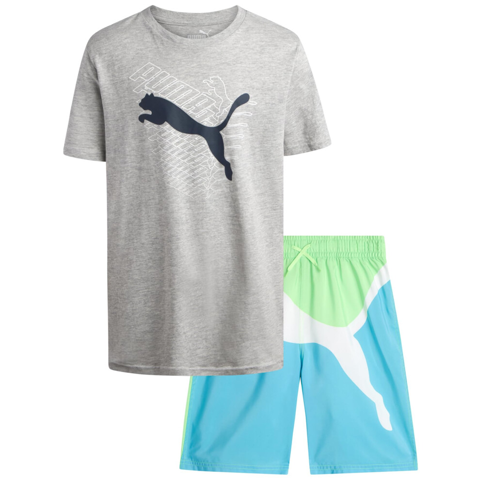 PUMA Boys' Swim Set - Bathing Suit Swim Trunks with Matching Basic Short Sleeve T-Shirt - Swimwear Set for Big Boys (8-20)  Size 8  Blue Green/Grey